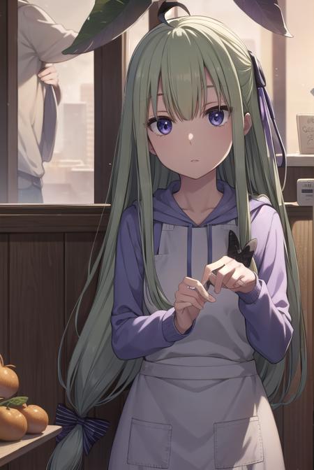 mandragora, long hair, bangs, ahoge, green hair, (purple eyes:1.1), bow, hair bow, shorts, hood, apron, hoodie,