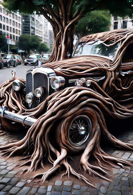 morph-treeroots , vintage car,polished chrome details,classic style design,in city,photography<lora:tree roots_0_100_V1-000008:1>