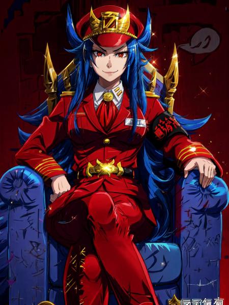 HyakushikiMomoko, 1girl, sitting, throne, domination, leg to leg, bottom view, uniform, military uniform, red pants,long sleeves, hat, belt, jacket,  evil smile, angry, smile,  <lora:HyakushikiMomoko:0.6> <lora:add_detail:1>