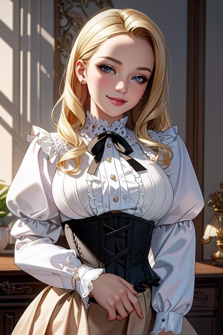 ((Masterpiece, best quality)),edgQuality,smirk,smug,beautiful blonde 
edgCT, a woman in a blouse, and a skirt,wearing edgCT,chic top,ribbon,puffy sleeves,frills,(corset)
<lora:edgChicTops1:0.9>