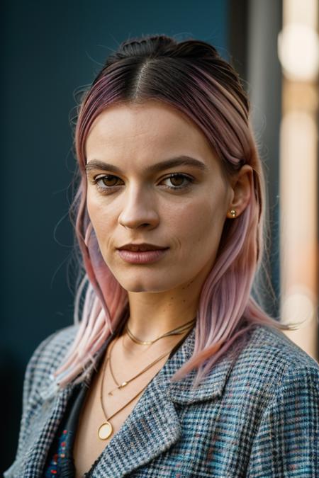 <lora:3mm4m4ck3y:1>, Realistic photo of a beautiful 3mm4m4ck3y woman, 1girl, solo, long hair, looking at viewer, blonde hair, brown eyes, jewelry, pink hair, multicolored hair, lips, blue background, ring, head rest, realistic, soft lighting, professional Photography, Photorealistic, detailed, RAW, analog, sharp focus, 8k, HD, DSLR, high quality, Fujifilm XT3, film grain, award winning, masterpiece