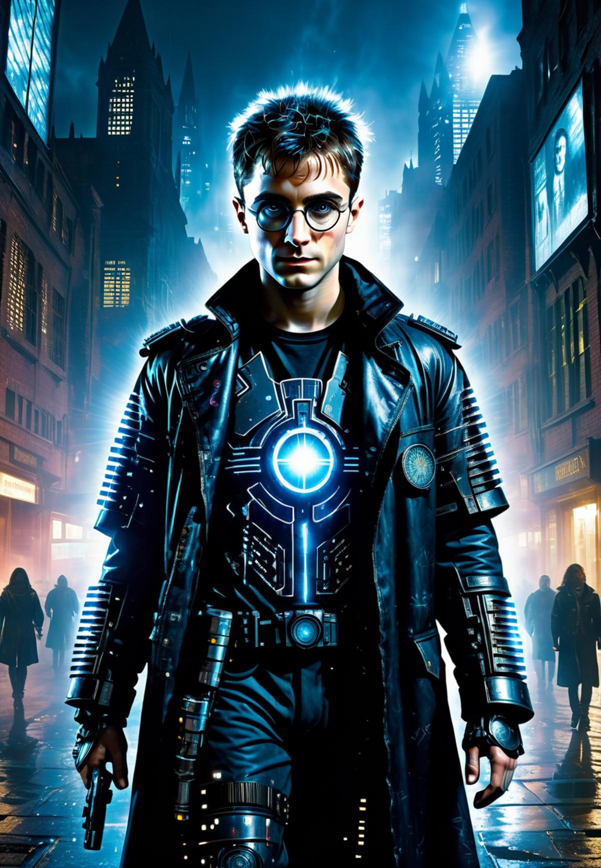 A man in a black jacket and glasses on a city street at night.