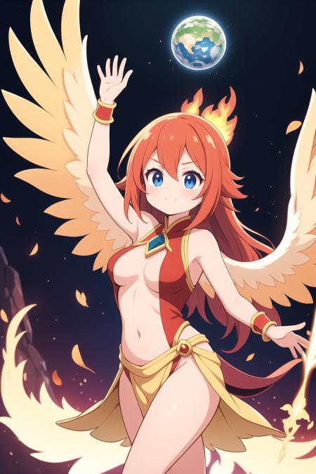 masterpiece, best quality, ultra detailed, anime style, Across dimensions, a cute Phoenix Sorceress emerges with fiery plumage and mystical powers. As she navigates Earth, her flames dance with controlled grace, symbolizing rebirth and bringing an otherworldly warmth to the realms she touches