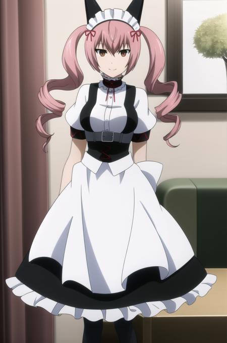 (masterpiece), high quality, detailed background, 1girl, solo,
<lora:SteinsGateFaris-v1-06:0.75>, Chopiofaris, pink hair, twin drills, long hair, brown eyes, (looking at viewer:1.3),
outfit_1, fake animal ears, maid, maid headdress, detached collar, short sleeve, wrist cuff, apron, black pantyhose,
living room, standing, smile,