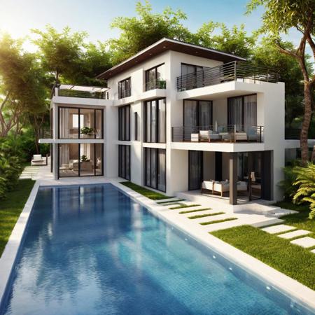 8k,realistic,a beautiful villa with a swimpoor,detailed water,plants,day time,shining,shadows,modern villa,