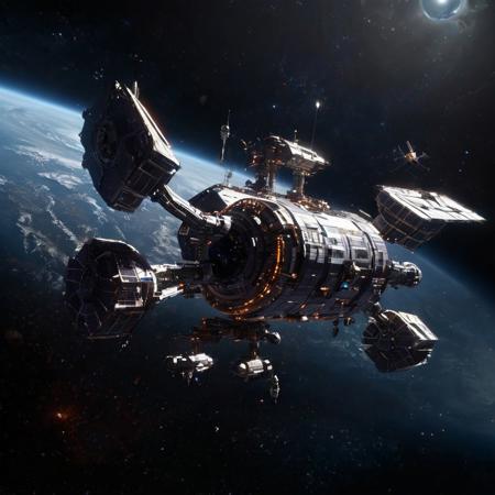 Design a breathtaking scene set in the vastness of space, where a futuristic spaceship is gracefully docking with a massive space station. Imagine this spacecraft as a marvel of human engineering, with sleek lines, glowing accents, and an array of advanced technologies on display. The space station, a towering structure with intricate details and multiple docking ports, serves as a bustling hub of interstellar activity.

As the spaceship aligns perfectly with the docking bay, highlight the intricate dance of mechanical arms and magnetic locks securing the two structures together. Add a dramatic touch with a vibrant nebula glowing in the background, its vivid colors contrasting the dark void of space. Enhance the sense of depth and movement with stars streaking across the scene, creating a captivating starfield.

Include subtle lighting effects to showcase the reflective surfaces of the spaceship and space station, emphasizing their metallic sheen. Perhaps add a few smaller vessels or spacewalkers nearby, providing a sense of scale and additional visual interest. The overall composition should evoke a sense of wonder, showcasing the beauty and excitement of space exploration and the potential of human ingenuity in the future.
