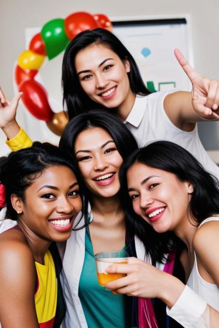 Cheerful multiethnic business people having fun at corporate party, <lora:LCM_LoRA_Weights_SD15:1>