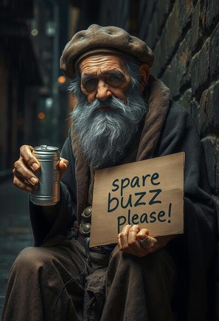 Realistic, high quality, great anatomy accurate, 1man, fuzzy beard, grey beard, wrinkly face, dirty face, tired face, ragged robe, dirty clothes, dirty hat, berret hat, ragged long pants, sitting, holding empty can, can with word "BUZZ" on, cardboard saying "spare buzz please",
Night time, raining, dark alley