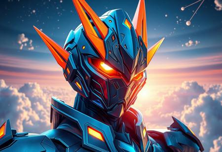 Create a high-definition, close-up concept art of a person wearing Full Armor Gravitation, inspired by Omegamon, with a predominantly blue and orange synthwave color scheme, as seen on a Blu-ray cover. Incorporate transmetal and metal skin details, with a focus on micro and lifelike details. Set against an epic, cosmic cloudscape, with a centered headshot and a slight pincushion lens effect. Ensure the image has a cinematic, 8K quality and an ultra-wide angle, zenith view.