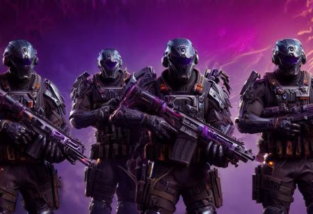 A group of elite mercenary warriors equipped with the latest weaponry and advanced technology, dressed in sleek, modern armor, ready for combat. They represent a diverse range of specialties including (((three riflemans, one medic, one machine gunner, one sniper, one battle mage, and one engineer.))) They stand together in a dynamic composition, each figure poised in a distinctive action pose, with a colorful, detailed background that complements their advanced equipment. Masterpiece, high quality, colorful background, different poses, different armor, different weapons, action poses, 4k, grenade launcher, machine-gun, assault rifle, sniper rifle, purple colors