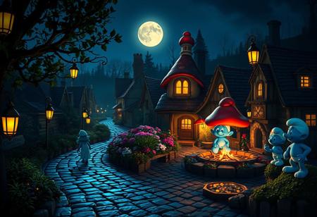 The camera drifts into Smurfs Village under the cloak of night, revealing a whimsical scene bathed in the soft glow of moonlight. The iconic mushroom-shaped houses, each with its own unique color and charm, cast long shadows on the ground, adding an air of mystery and wonder. The cobblestone paths are dimly lit by lanterns hanging from signposts, flickering gently like fireflies. You can almost hear the faint rustle of leaves and the distant chorus of crickets, harmonizing with the soft, tranquil murmur of a nearby brook. As the camera glides closer, you see Smurfette's garden, where vibrant flowers seem to shimmer under the moonlight, their petals swaying gently in the night breeze. The faint aroma of blooming flowers fills the air, mixing with the scent of fresh earth and pine. Papa Smurf's house, with its distinctive red cap roof, stands at the center, an inviting glow emanating from the windows. The camera then pans to the village square, where the communal fire pit, now a bed of glowing embers, tells stories of the evening's merrymaking. In the distance, you spot a few Smurfs wrapping up their late-night tasks, their tiny silhouettes moving gracefully as they prepare for a peaceful slumber. The camera finally ascends, capturing a panoramic view of the serene, enchanting Smurfs Village, cradled in the heart of the enchanted forest, bathed in silver moonlight
