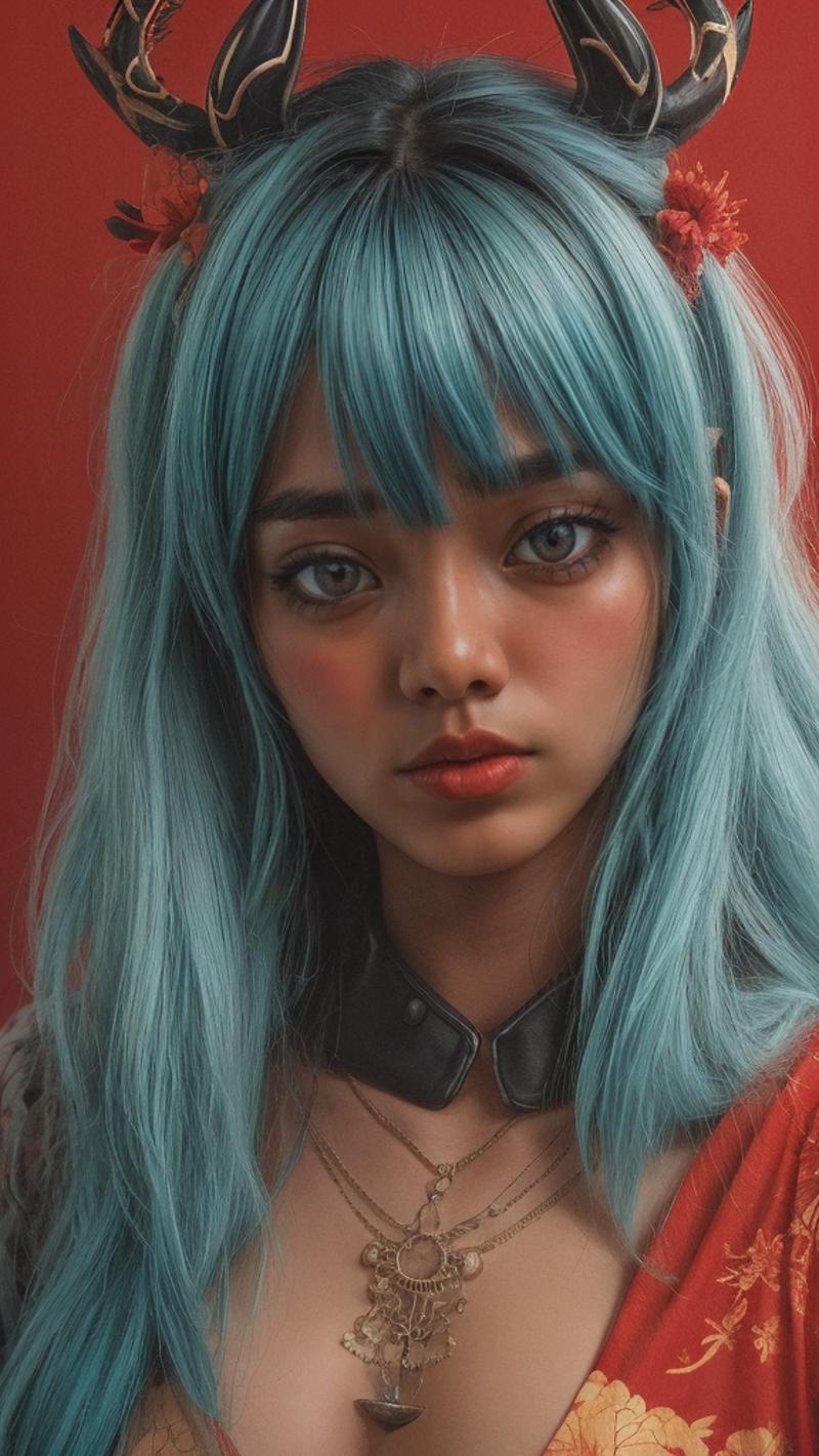 A beautiful blue haired girl wearing a black leather collar.