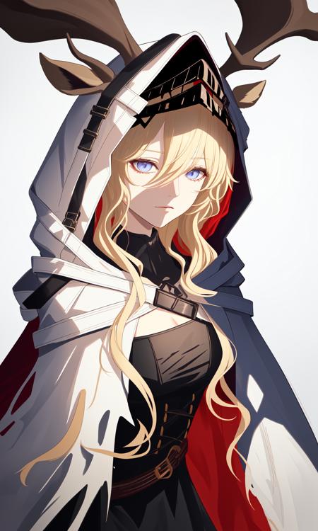 viviana \\\(arknights\\\),long hair,blonde hair,animal ears,deer ears,hood,bangs,hood up,hooded cape,cape,hair between eyes,ears through headwear,white cape,dress,blue eyes,black dress,gloves,candle