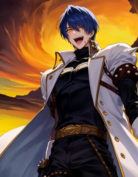 masterpiece, 1boy, legato, blood, desert landscape, detailed background, blue hair, hair covering eye, yellow eye, white coat, black turtleneck, spikes, fingerless gloves, evil, laughing, from below, <lora:legatov1:0.8>