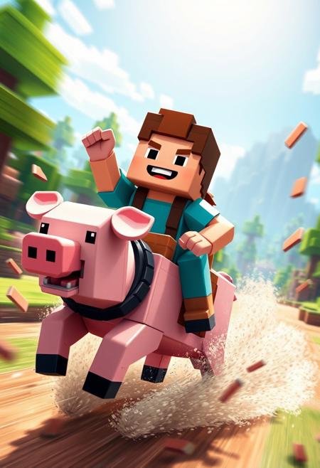 "Illustrate a vibrant, hyper-realistic image of a happy Minecraft villager riding a saddled Minecraft pig at full speed, as if they're racing through the game's blocky world. The villager and pig are both depicted in exquisite, blocky detail, with sharp edges and pixelated textures that seem to leap off the page. The villager's face is a picture of joy, with a wide, toothy grin and a sparkle in their eye. The pig is similarly rendered, with a blocky, pink body as it gallops. The background is a vibrant, blocky Minecraft world, complete with towering trees, sparkling water, and a bright blue sky. The villager and pig are surrounded by a whirlwind of blocky debris, as if they're creating a miniature tornado as they speed through the landscape. The overall effect is one of joyful, unchecked excitement, as if the villager and pig are having the time of their lives racing through the Minecraft world." highest-Quality, intricate details, visually stunning, Masterpiece