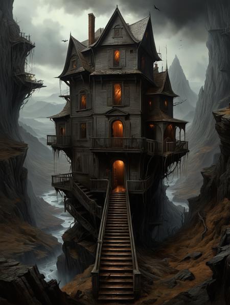 Horror-themed oil painting, surreal art, abstract art, an impossible architecture in which the laws of perspective and gravity are suspended,  masterpiece, high detail, 8k, intricate, detailed, high resolution, high res, ultra high quality, <lora:add-detail-xl:1.8> . Eerie, unsettling, dark, spooky, suspenseful, grim, highly detailed, darkness, midnight, Extremely high-resolution details, fine texture