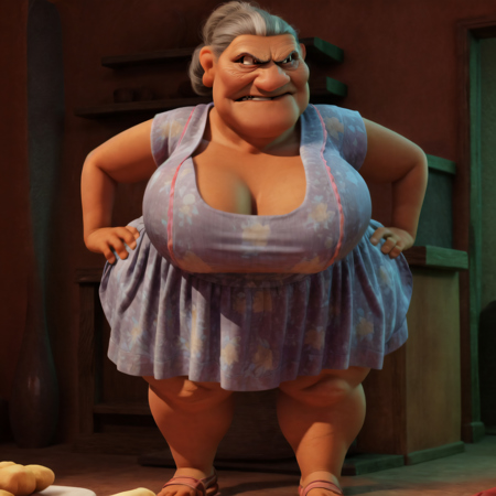  overweight, elderly, woman, blue dress, pink apron, sandals, gray hair in a bun