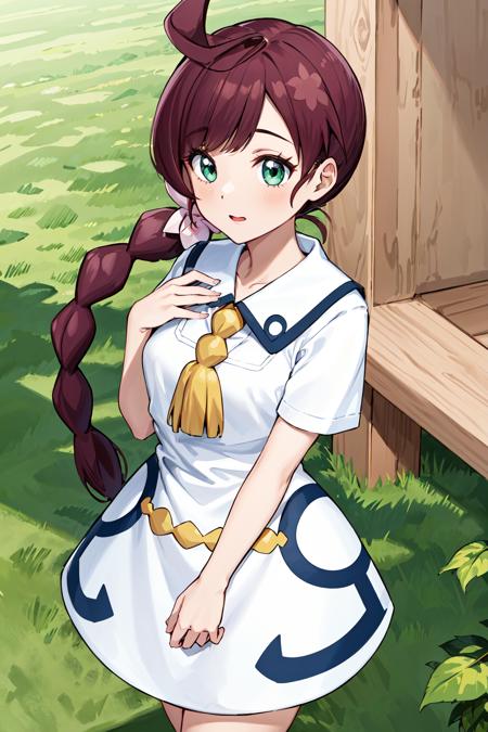 masterpiece, best quality, highres, chl1, 1girl, braided_ponytail, (ahoge:1.1), dress, school uniform, white dress, collared dress, collarbone, eyelashes, short sleeves, neck tassel,  <lora:chloe_(pokemon)_v5:0.6>, (cowboy shot:1.1),