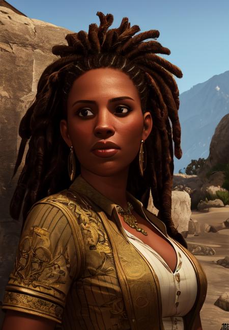 a woman, <lora:Redguard-Female:0.8>, Redguard-Female, 1girl, solo, portrait, dreadlocks,, (masterpiece, best quality, absurdres, detailed, ultra-detailed:1.3), gorgeous