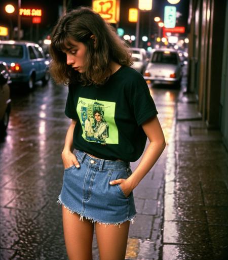 flash photography, Analogic,35mm film, 80s style,a candid voyeuristic photo of a beautiful sexy girlfriend, being-ignored, shy, nonchalant,looking down, Greek, olive skin, on the street at night, neon lights, Wavy lob hairstyle, Hands on the hips, leaning forward, Oversized concert t-shirt, jean mini skirt,80's style clothes, rainy weather, looking down and away, sad because she broke up with her boyfriend, going to a concert, style of Saul Leiter and Robert Doisneau