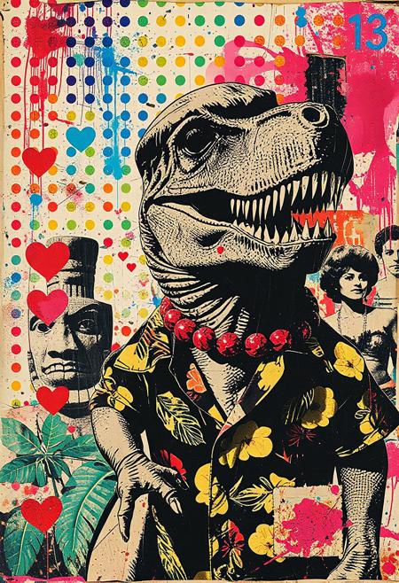 A pop art mixed media collage artwork style of Butcher Billy. Deconstructed, provocative, surreal, intense and chaotic composition. Street art textures, overlapping layers and vibrant retro colours. 
A punk stencil photocopy print of a magazine image of a tyrannosaurus rex wearing a pattern Hawaain shirt and pork pie hat.
Print errors, halftone dots. grungy ink marks, and print registration errors. 
Overlaying this are multiple layers of hand-drawn shapes and patterns, bold paint splashes, and chaotic magazine picture cutouts and clippings of Moai tiki heads, monstera leaves and lei necklaces.
On top of this and partially covering it are layered sections of repetitive randomly coloured dots spraypainted in Yayoi Kusama style - smears and spray. Torn vintage photos of hula girls glued to the layers.
These, along with layers of paint splattered and dripping break up the outline. On the top layer are rough hand-drawn shapes, abstract patterns and love hearts scrawled heavy-handedly in blue biro and Sharpie marker. Text "13"