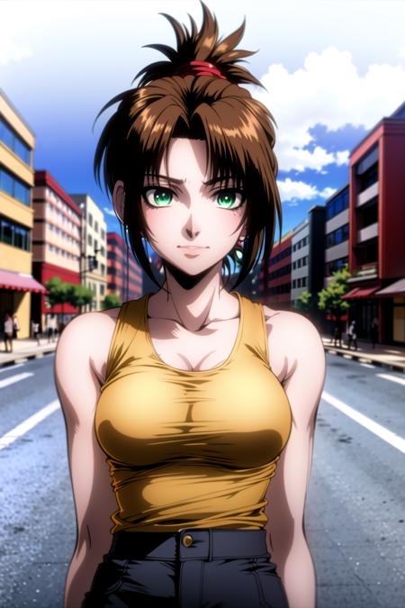 <lora:hellsing:0.8>, masterpiece, best quality, absurdres, 1girl, looking at viewer, upper body, standing, street, city, green eyes, brown hair, parted bangs, ponytail, tank top, pants, night