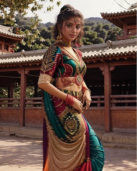 photo of a sonam woman in a dynamic pose wearing colorful high-neck Indo-Western Gown looking at camera, film grain, perfect eyes, at a pagoda beautiful bokeh <lora:sonam_Sonam_Rai_SD15_LoRA_adafactor_local:1>