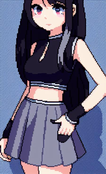 a cute woman in a black croptop and short skirt, blue eyes, pixelart