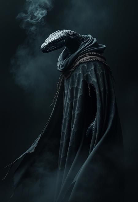black snake beast  wearing a grunge and dirt cape, Dark Style, gothic Style, long cape, wind, dark background, mist, photography studio style, hyper realistic, ultra detailed