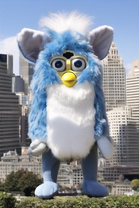 giant furby in city, furby, giant furby, white fur, city, blue sky, epic,  <lora:Furby_SD_V1:0.8>