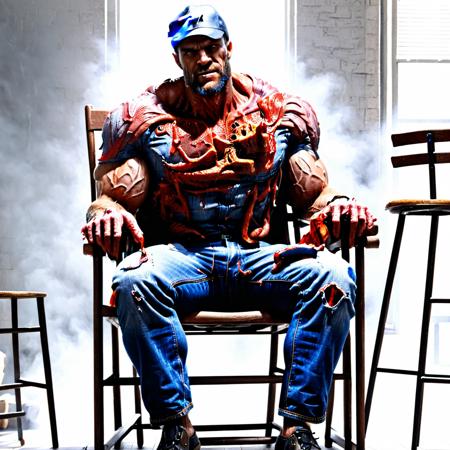 raw photo,cinematic shot,photorealistic,solo,a fleshmutant gigachad wearing blue jeans sits on a chair smugly,<lora:Fleshmutant_R2-000003:1.2>