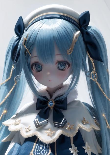 mksks style, masterpiece, best quality, sidelighting,  <lora:yuki_miku_2021-10:1>, 
 yuki miku (2021), 1girl, blue gloves, book, white headwear, blue hair, twintails, musical note hair ornament, gloves, beret, hat, bow, solo, blue eyes, long hair, musical note, capelet, white capelet, braid, light blue hair, snowflake print, blue bow, hair ornament, braided bangs, looking at viewer, hair bow, upper body, white dress, fur trim, fur-trimmed capelet, treble clef, white background, gold trim, dress, very long hair, bowtie, christmas lights, tabard, lily of the valley,