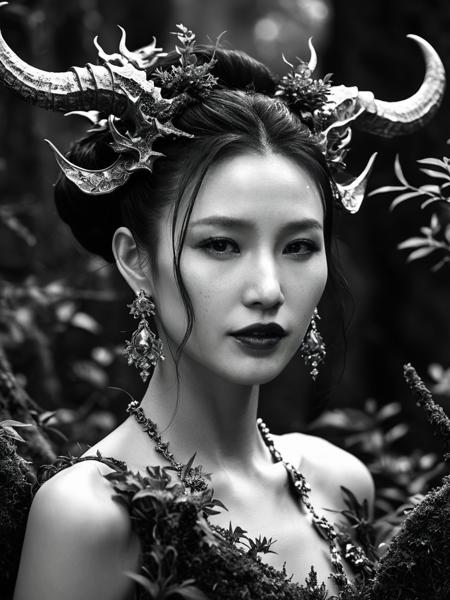 Masterpiece, High Details, HD, 8K, Photorealistic, perfect, ,realistic, Skin Textures, High Resolution, stunning beautiful,mafanshu woman,jewelry,earrings,dynamic pose, as a great demon, dangerous, in A place taken by nature full of mosses and vegetation eerie, black and white image, smooth, sharp focus, award winning, shiny, intricate, artstation, Vivid color, detailed oil painting by Van Gogh<lora:mafanshu_ej_JuggXL_1-000020:0.6>