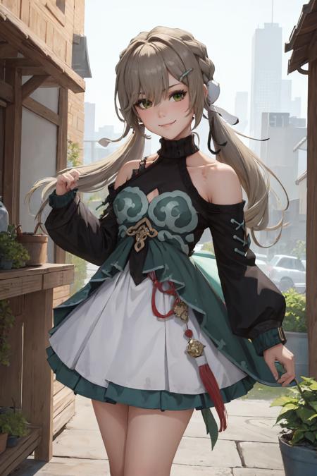 hsrqingque, twintails, braid, hairclip dress, long sleeves, skirt, bare shoulders