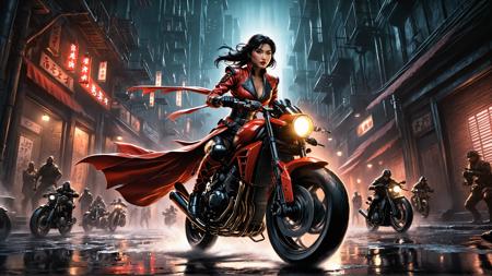 comic Wide angle hi res HDR cinematic movie still of  a  (Japanese female ninja wearing red riding leathers, speeding on a large futuristic motorbike, one hand on the handle bars the other holding a glowing samurai sword held up in the air:1.2), being chase by a gang of criminals on black motorbikes, motion blur on the wheels, night time, (((black sky))), Dynamic composition, Neon lit downtown streets, Billowing costume, (Speed tails trailing bike:1.3), Futuristic cityscape, Action-packed scene, Vibrant colors, great lighting. mad-sincity, noir,  1940s <lora:great_lighting:0.6> <lora:detailed_notrigger:0.8> <lora:attractive_notrigger:0.4> <lora:dare_complex_color_notrigger:0.6>  <lora:Sin_City_Movie_Style_SDXL:0.6> . graphic illustration, comic art, graphic novel art, vibrant, highly detailed