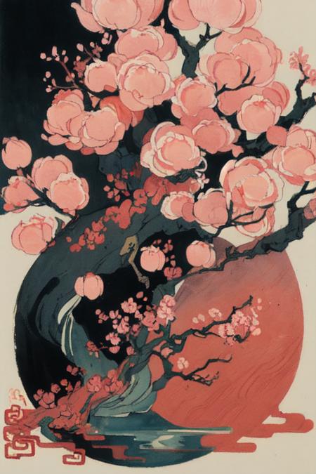 The peach tree has fallen peach blossoms, and the small pond is very deep(Chinese color_ink painting style),exudes the style of traditional (Chinese color_ink painting),