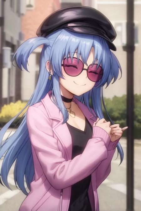 masterpiece, best quality,  <lora:alis:0.5>, alis, alis_big, 1girl, solo, hat, smile, blue hair, long hair, jacket, sunglasses, closed eyes, two side up, pink jacket, black headwear, choker, long sleeves, closed mouth, shirt, beret, black shirt, open jacket, upper body, open clothes, jewelry