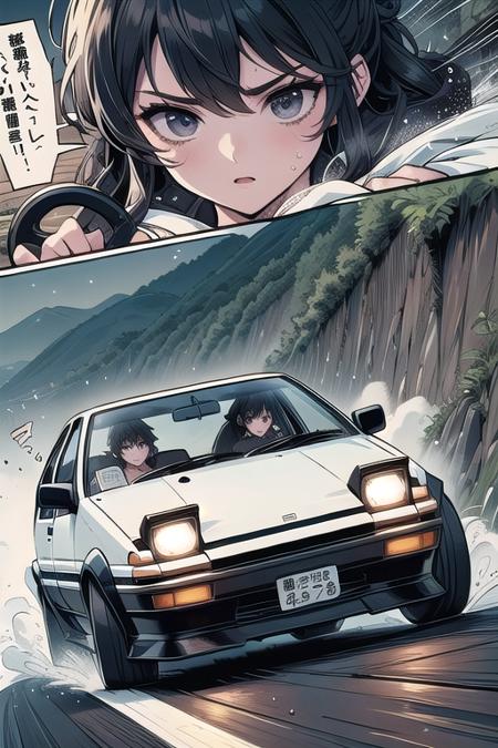 source_anime, score_9, score_8_up, score_7_up, comic, manga, drifting style, solo focus, 1girl in car interior, tank top, big tits, AE 86, Initial D, seatbelt, motion lines, motion blur, driving, sports car, reflection, dust, wind, downhill, slope road, mountain road, wet, fog, tree, cliff, night, starry sky,