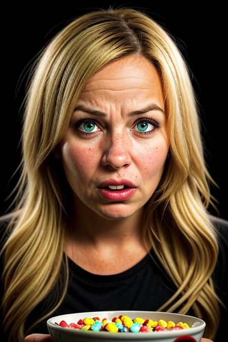 photorealistic photo of an young American blonde woman causing a feeling of nauseating unease and eeriness. She is scared and offering candy from a  bowl containing all kinds of sweets, like chocolate bars. menacing, creepy, sharp_teeth, dark background. Staring into your soul with glowing eyes. 
charturnerv2, pureerosface_v1, scared expression,