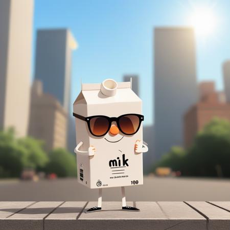 a milk carton character with sunglasses in a city at afternoon <lora:COOLKIDS_XL_0.3_RC:0.8>