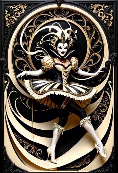 (A harlequin dancer:1.4) frozen (mid-spin:1.3), (flowing costume:1.3) made of (ebony and ivory panels:1.4) with (ornate scrimshaw motifs:1.5), (polished bone mask:1.3), (motion ribbons:1.3) trailing with (delicate curves:1.3), (soft spotlight:1.2), (balanced composition:1.3), (fluid anatomy:1.4), (surreal stillness:1.3), (theatrical elegance:1.3), (lora:juggernaut), made out of, ebony, ivory, scrimshaw, bone carving