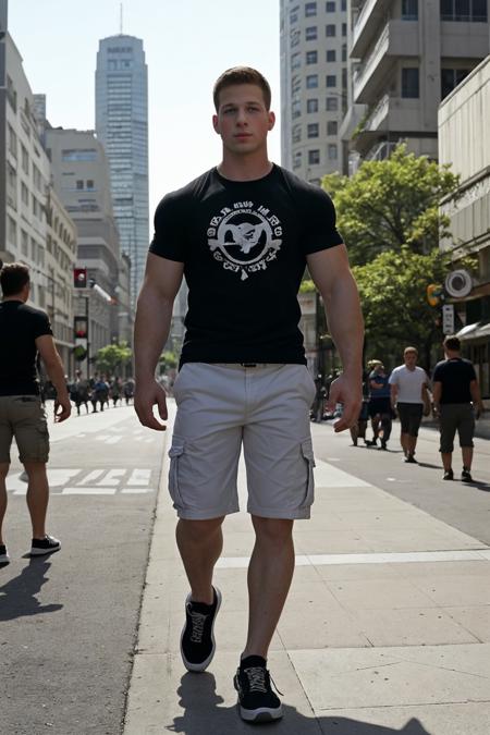 full shot from the side photo of nick_sandell <lora:nick_sandell_v3_preppy-06:0.75>, wearing sneakers and graphic t-shirt and cargo shorts, walking down bustling city corner, urban street scene, bright natural outdoor lighting, cool relaxed aesthetic