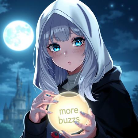 1girl, blue eyes, solo, looking at viewer, hood, white hair, cloak, freckles, moon, upper body, hood up, fingernails, lips, hooded cloak, night, closed mouth, sky, glowing, circlet, outdoors, full moon, black cloak, long sleeves, holding, castle, medium hair, cape, glowing, holding orb, orb with text "more buzzes"
<lora:rimixO:0.65>, masterwork, masterpiece, best quality,  detailed, depth of field, , high detail, best quality, very aesthetic, 8k, dynamic pose, depth of field, dynamic angle, adult,  aged up