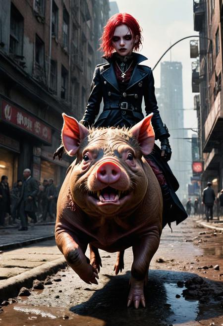 (( Photograph of (Evil and menacing but cute looking gothgirl, riding a large, muddy, angry dirty duroc pig on a busy city sidewalk.) = (the gothgirl is cute, the gothgirl is menacing, the gothgirl is evil) + (the duroc pig is large, the duroc pig is angry, the duroc pig is covered in dirt) + (The evil and menacing but cute gothgirl is on the back of the angry very dirty duroc pig, this same menacing cute evil gothgirl is looking towards the viewer, the evil and menacing but cute gothgirl is making a circle or 'O' shape with her hand and sticking her tongue in the centre) + (the angry dirty duroc pig is muddy, and bucking / the angry muddy duroc pig is jumping with an arched back) + (busy city sidewalk). Dystopian.))
BREAK
((Dark, melancholy, bleak, gritty, pyschologically unsettling, disturbing, upsetting, perfect quality, extremely detailed, intricately detailed background, cinematic, sepia with  soft washes of maroon, midnight blue, and dark purple, splatters of red blood, perfect accuracy, award winning photograph))
BREAK
,((uhd, 8k photograph taken with Sony A7R III, 1/30sec at f/5.6, ISO 20,000, 12-24mm f/4 at 12mm, unusual low angles looking up, experimental lighting, evil shadowing)) 
BREAK
((inverted pentagram emblem present)), 
ng_deepnegative_v1_75t, epiCRealism, Ellis-RealismBoost