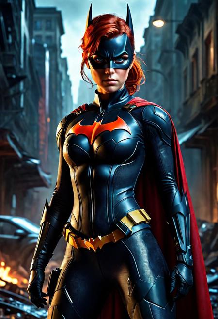 High resolution An ultra-realistic (beautiful Post-apocalyptic Batgirl: 1.5), (dressed in intricately designed a tight combat bodysuit: 1.3), realistic red cape, dirty and bloodied skin and face, red hair, realistic blue eyes, cinematic lighting, stands in the middle of a destroyed city, somber atmosphere, DC comics movie style, female athletic figure, beautiful Sadie Sink as Post-apocalyptic Batgirl, 8k, attractive Slim woman, sweaty, weak rain, asymmetrical balance, hyperrealistic, hyperdetailed, cinematic style, athletic figure, full body, vigorous fighting stance, cinematic visual, normal height, dirty skin, dramatic lighting, Greg Rutkowski style, beautiful firm Breasts, sharp focus, digital painting, Photograph Taken on Nikon D750, Alphonse Mucha, Attractive girl, asymmetric balance, best quality, highres, masterpiece