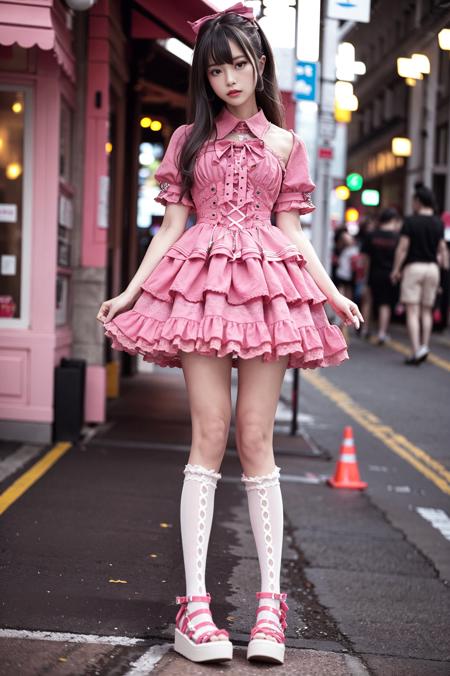 realistic, photorealistic, masterpiece, best quality, 1girl, solo, long black hair, bangs, cool_dress, white socks, pink footwear, standing in street, night, prefect lighting, <lora:cool_dress_style2_v1:0.75>, <lora:Cute Asian Face:0.5>