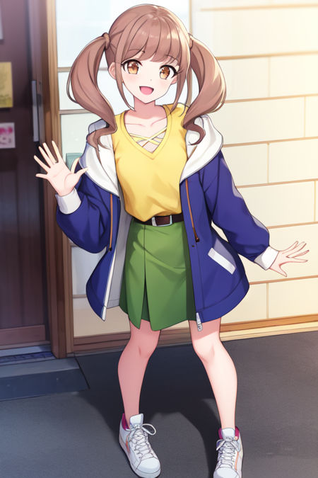 hiramitsuhinata, 1girl, solo, looking at viewer, smile, open mouth, skirt, shirt, long sleeves, twintails, standing, collarbone, jacket, full body, :d, open clothes, shoes, belt, hand up, hood, open jacket, blue jacket, green skirt, sneakers, yellow shirt, waving, purple footwear