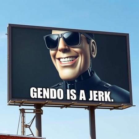 A billboard of a robotic Jack Nicholson wearing sunglasses and smiling, with ((text:"GENDO IS A JERK."))