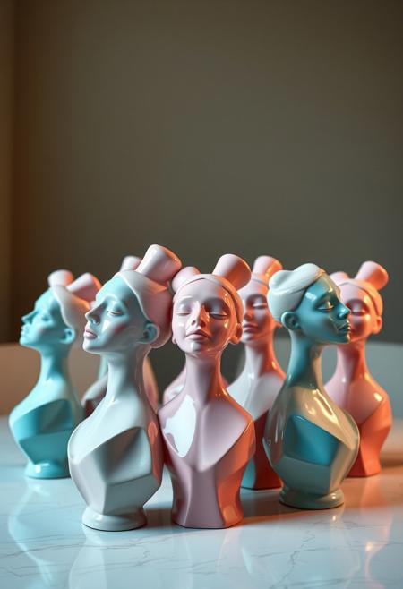CERAMIC PSYCHEDELIC ABSTRACT IMPRESSIONIST SCULPTURE OF 9 ONLY BALLET DANCERS HEADS AND TORSOS SHAPED MILK JUGS, ELEGANT, AMORPHIC, GEOMETRIC, ELEGANT, GIANT HEADS. PINK AND TEAL, ELEGANT, AMORPHIC, GEOMETRIC, SITTING ON A TABLE, THOUGHT PIECE, MODERN, 8K, HIGH RESOLUTION, SHALLOW DEPTH OF FIELD, SHARP FOCUS