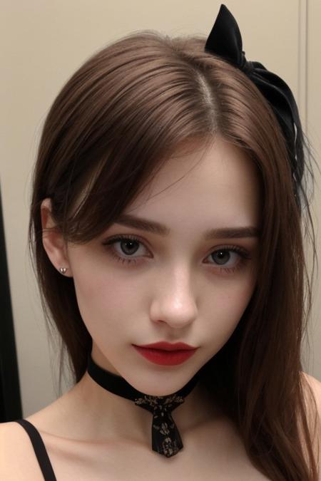 beautiful cute woman, 20 years old, (nsfw:0.5), petite, delicate face, extremely detailed, photorealistic, hires, blush, rouge, lipstick, cute nose, ribbon, choker, bowtie